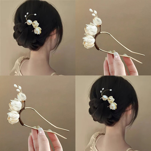 玉兰花朵u型发簪缠花簪花头饰新中式旗袍发叉簪子丸子头盘发神器