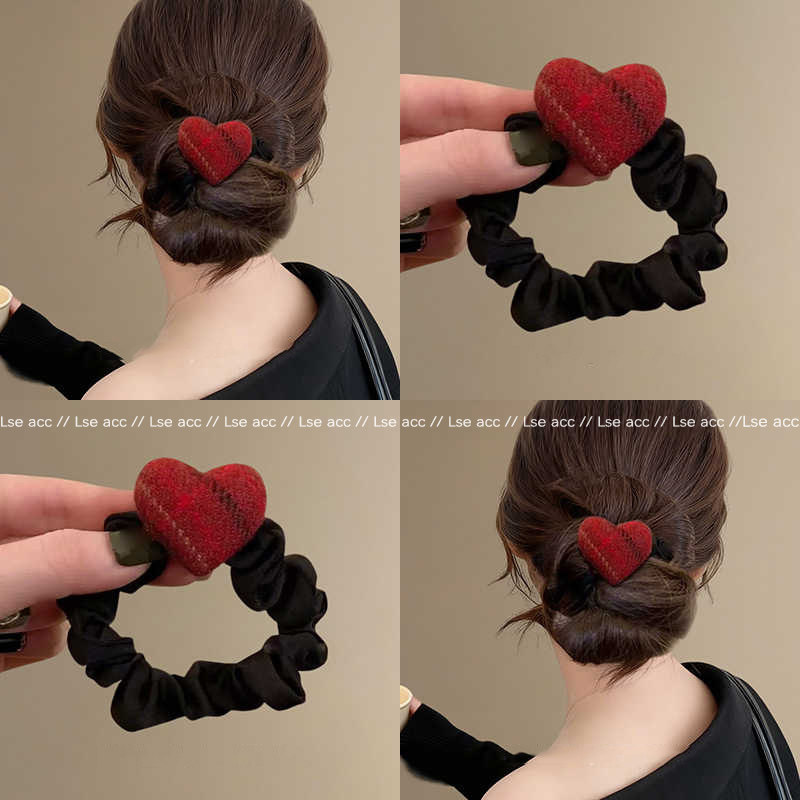 韩版安可拉红格纹爱心小肠发圈女2025新款丸子头发绳皮筋圣诞发饰