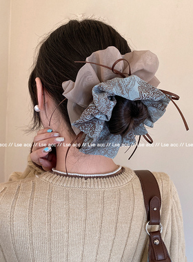 韩系复古绿色碎花大肠发圈女高级感丸子头慵懒风超大号发饰头绳