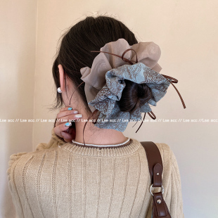 韩系复古绿色碎花大肠发圈女高级感丸子头慵懒风超大号发饰头绳