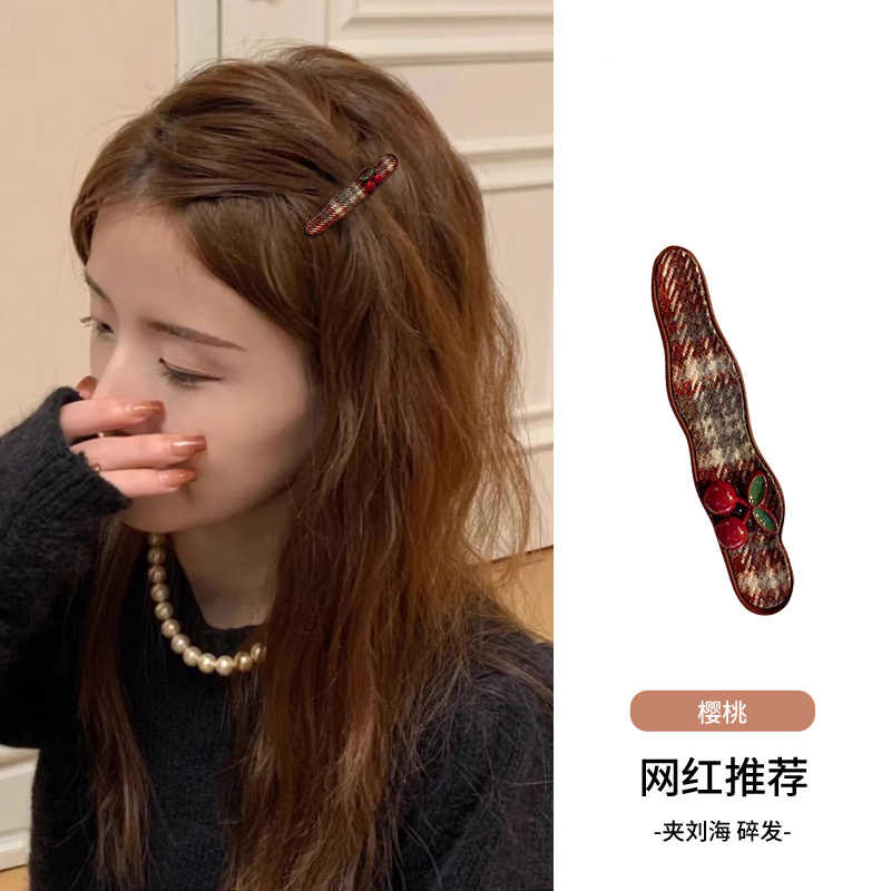 新款甜美少女可爱水果樱桃发夹边夹学院风格纹合金鸭嘴夹刘海夹