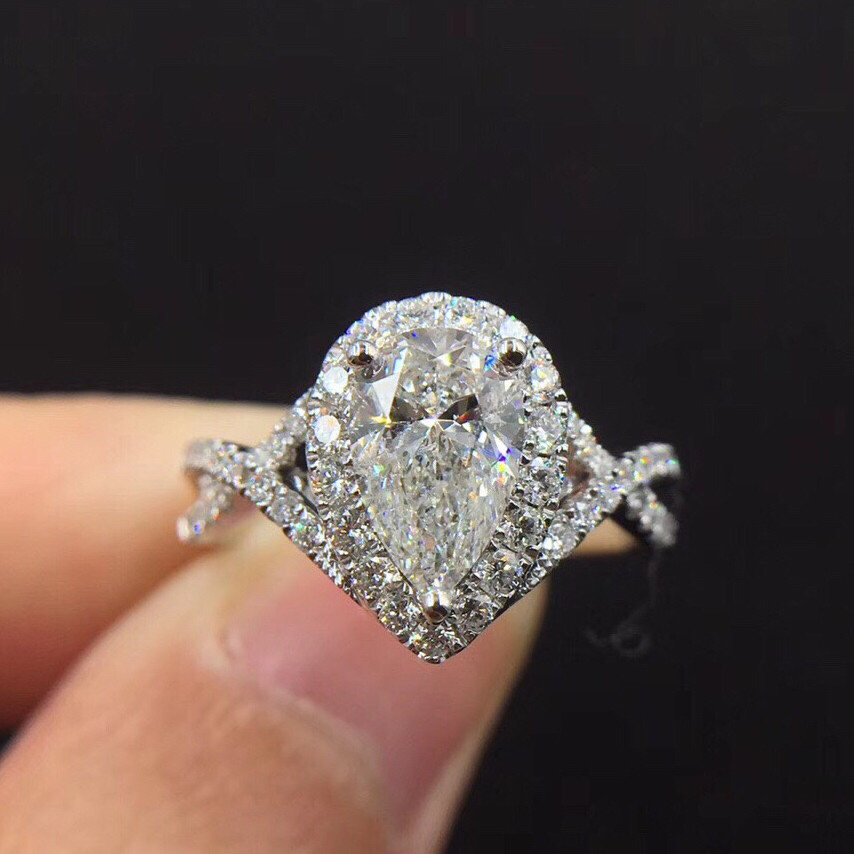 福大生 90分水滴形梨形异型钻石结婚戒指18K白金一克拉钻女戒