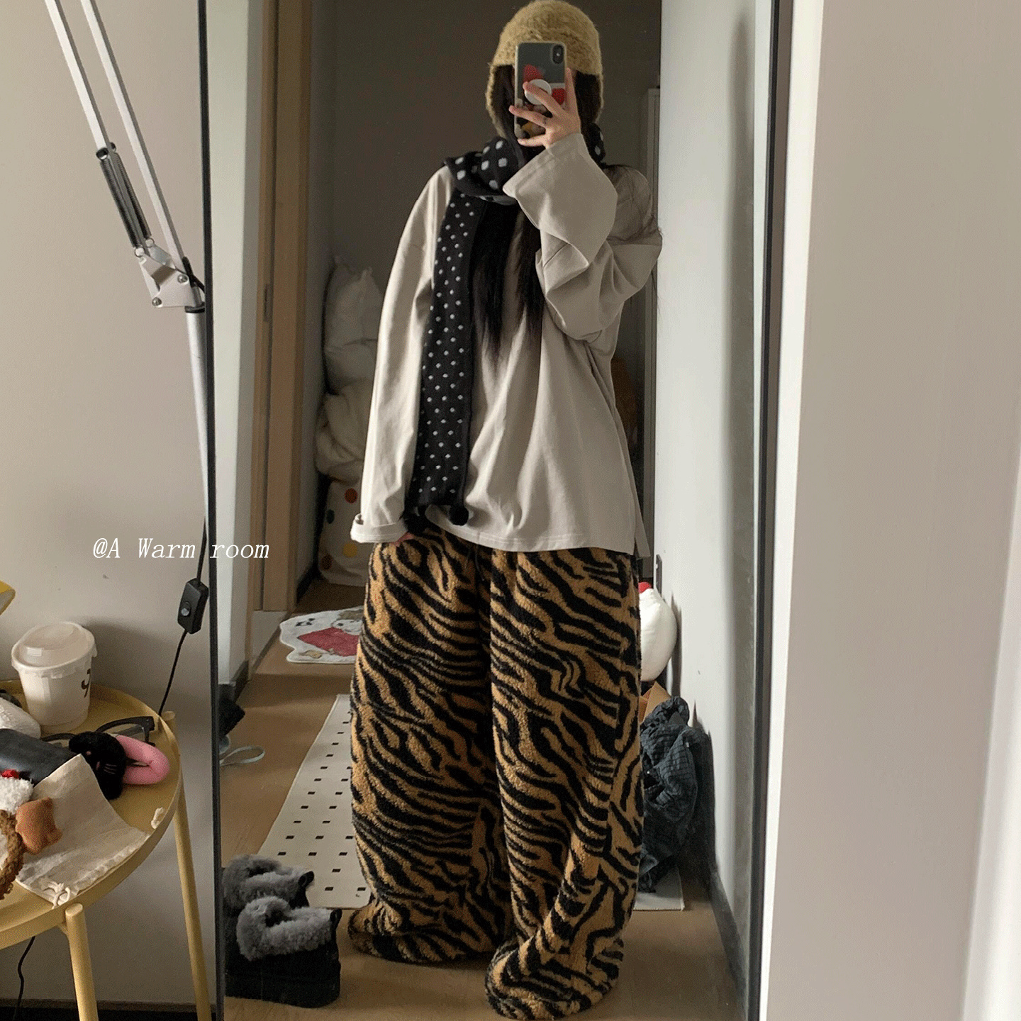 美式复古虎纹珊瑚绒睡裤女秋冬款