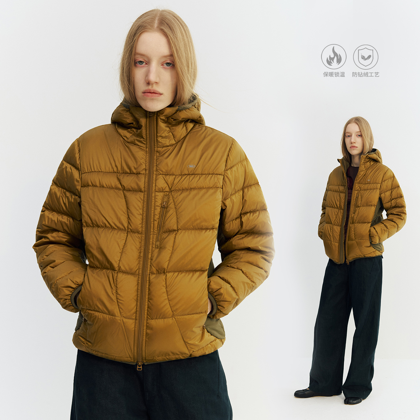 NORYBRAND 运动户外浪纹透气结构石墨烯连帽白鸭羽绒服通勤面包服