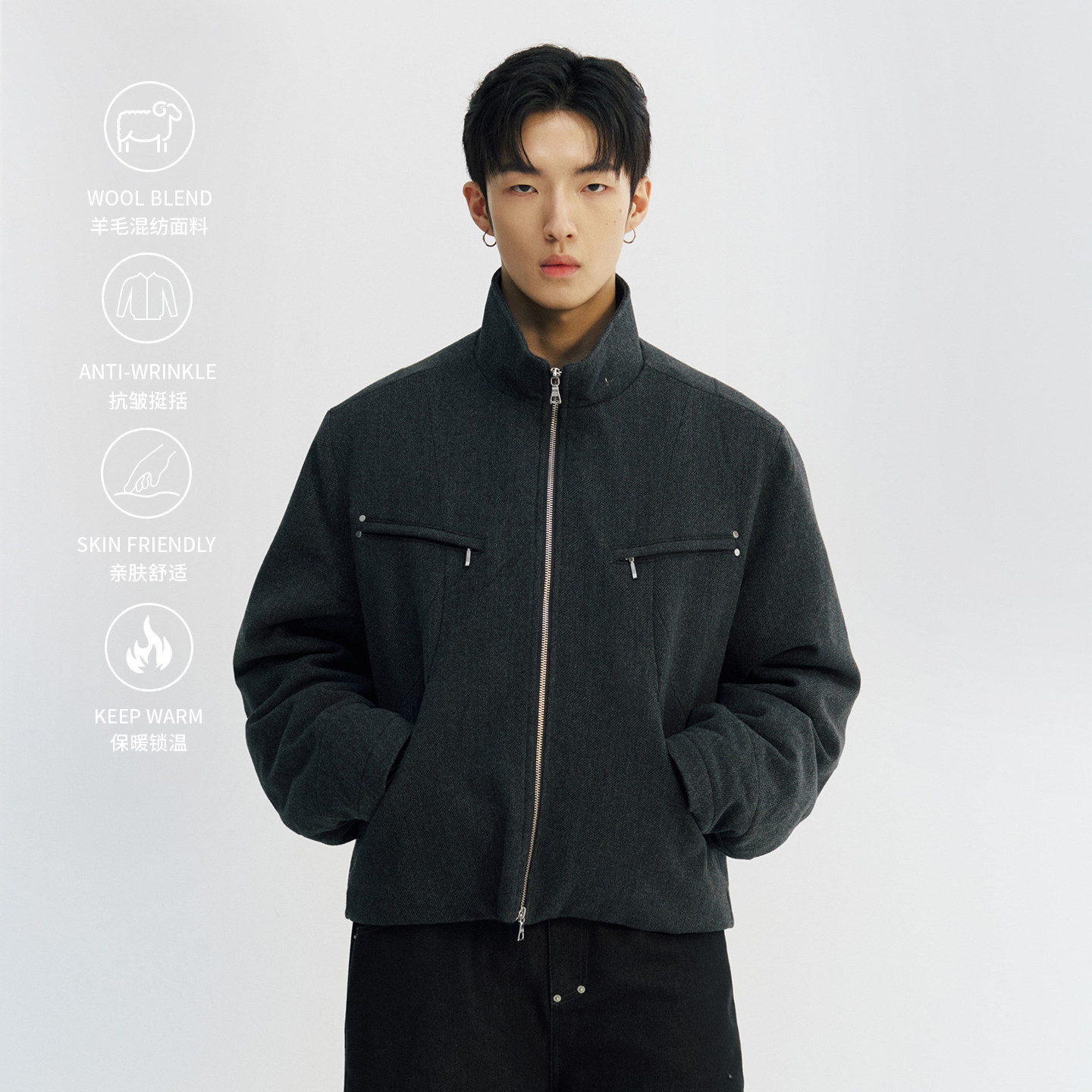 NORYBRAND 羊毛结构金属撞钉短宽老钱外套时尚立领保暖拉链短外套,男装,棉衣,淘宝优惠券,粉丝福利购,淘宝优惠卷