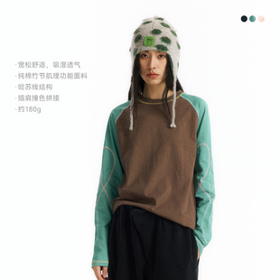 NORYBRAND男女同款长袖T恤春秋纯棉竹节棉撞色插肩袖运动休闲上衣