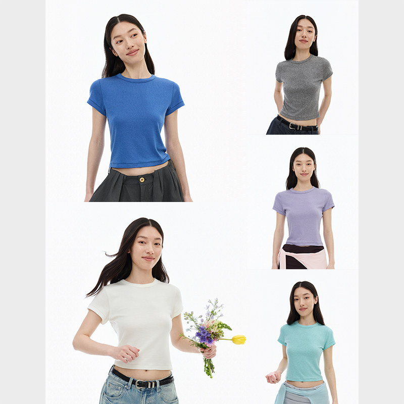 NORYBRAND女装/超软糯天丝羊绒/修身正肩短款T恤/运动休闲短袖