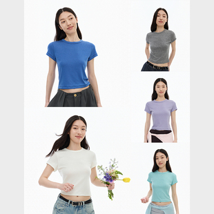 NORYBRAND女装/超软糯天丝羊绒/修身正肩短款T恤/运动休闲短袖