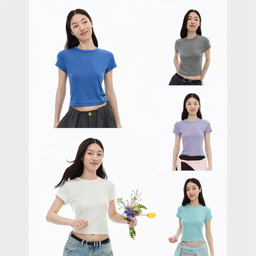 NORYBRAND女装/超软糯天丝羊绒/修身正肩短款T恤/运动休闲短袖