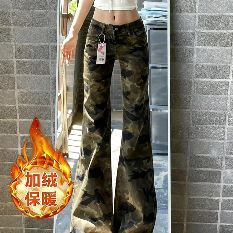 迷彩加绒微喇牛仔裤女2025秋冬