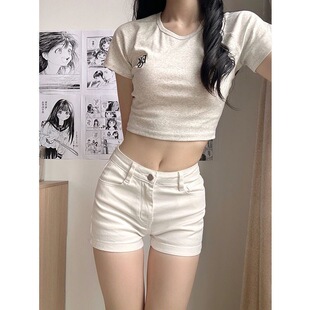 子ins舞蹈热裤 小个子紧身辣妹白色夏季 高腰显瘦裤 修身 潮 牛仔短裤