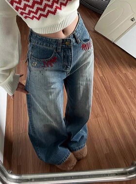 复古蓝直筒牛仔裤女2026春季新款竹节纹美式刺绣设计感宽松阔腿裤