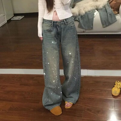 美式复古满天星辣妹阔腿牛仔裤