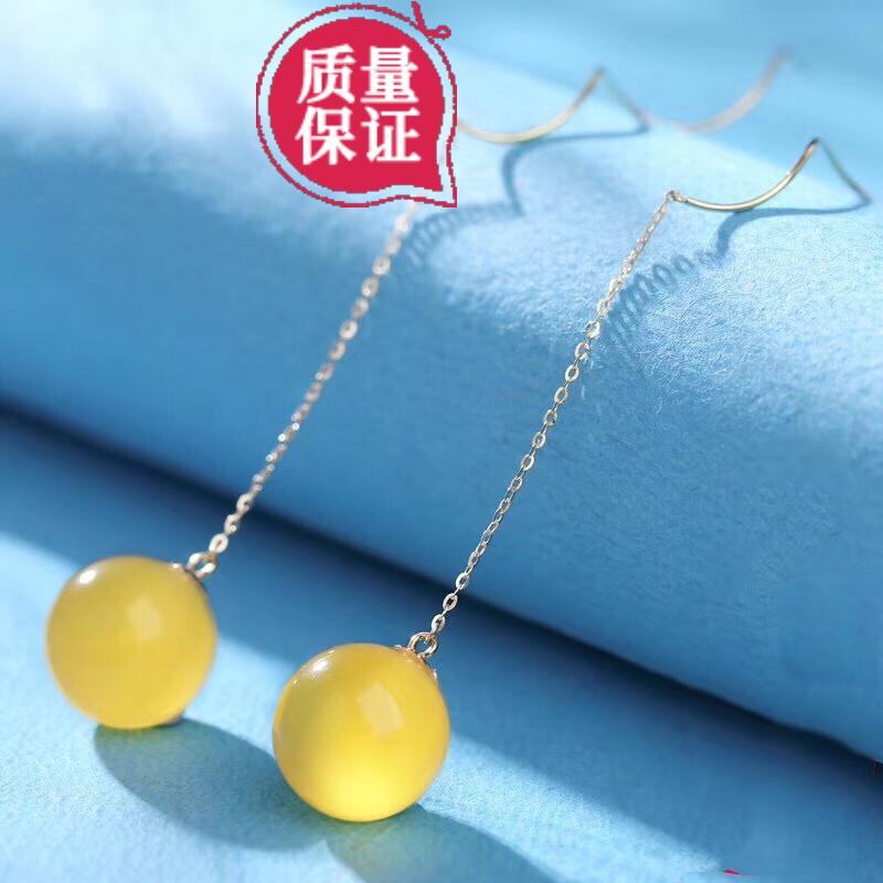 18K金天然蜜蜡耳线耳钉鸡油黄琥珀满蜜耳挂耳环气质长款S线