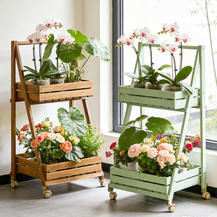 带轮花架置物架阳台植物摆放架可移动花架子客厅落地式实木花盆架