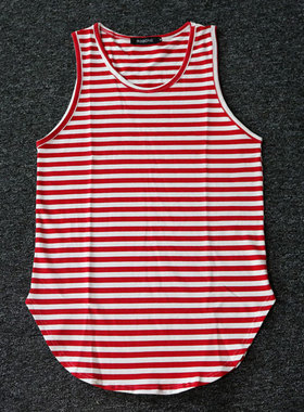 汗背心男士潮流条纹纯棉加长款打底圆弧下摆背心striped tank top