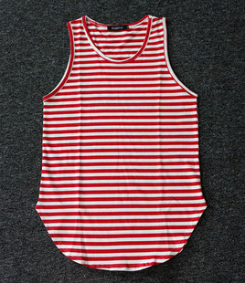 汗背心男士潮流条纹纯棉加长款打底圆弧下摆背心striped tank top