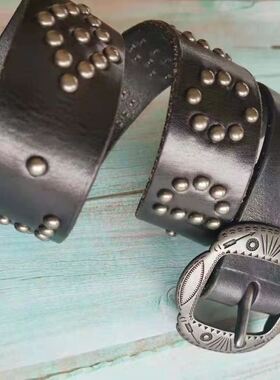 RRL新款皮带男复古真皮针扣 黑色打钉字母腰带铆钉 带宽38mm