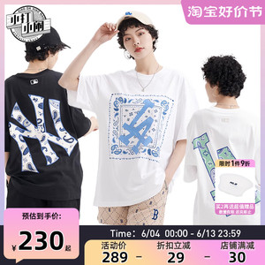 MLB短袖男NY洋基队腰果花大LOGO印花半袖休闲女宽松情侣百搭T恤