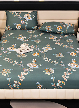 a类纯棉床笠绿色花卉中式全包围床单防滑床垫保护套全棉床罩单件