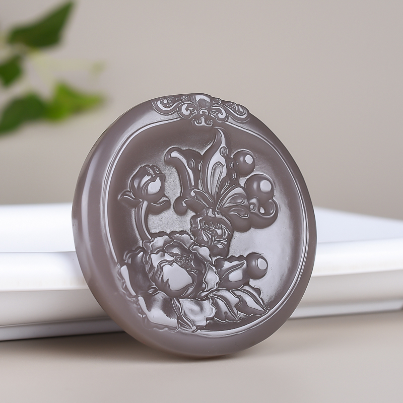 新疆和田玉烟紫吊坠圆雕牡丹蝴蝶挂件蝶恋花玉牌子玉石项链男女款