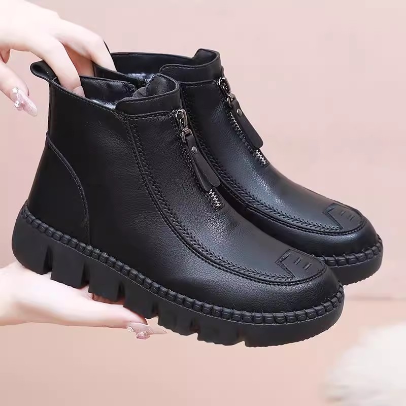 冬季老北京布鞋女棉鞋加绒保暖妈妈鞋防水仿皮面中老年牛筋底短靴