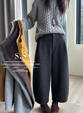 S-SHE56236正品原版冬季新款时尚宽松显瘦毛呢裤洋气百搭加绒款