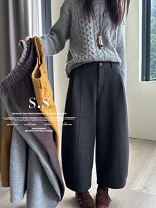 S-SHE56236正品原版冬季新款时尚宽松显瘦毛呢裤洋气百搭加绒款