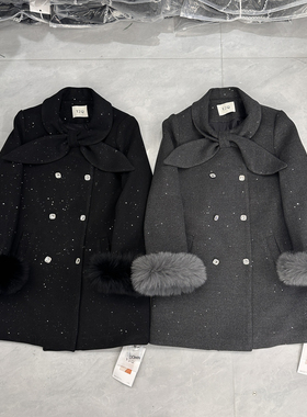 YJQ高级感呢子大衣女中长款系带狐狸毛真毛欧货小香风羽绒服