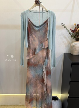 YJQ8150法式复古碎花吊带连衣裙+针织开衫套装时尚洋气百搭两件套