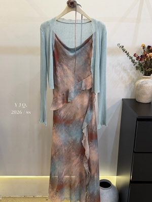 YJQ8150法式复古碎花吊带连衣裙+针织开衫套装时尚洋气百搭两件套