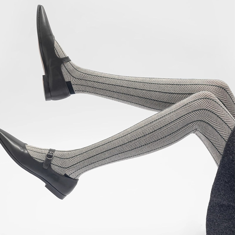 日本个性小众彩色人字纹水波纹竖线撞色针织打底袜黑色复古连裤袜