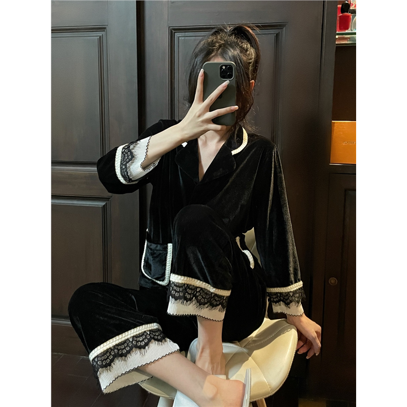 维多控睡衣女秋冬季金丝绒甜美蕾丝小香风气质开衫两件套金丝绒