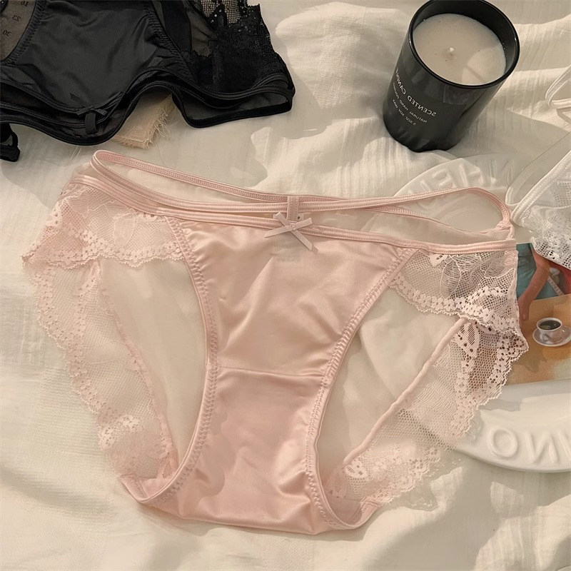 缎面甜心网纱内裤女细绳镂空蝴蝶结蕾丝性感透气三角裤女纯棉底裆