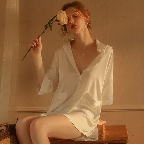 维多控2025新款性感睡衣女真丝纯欲男友风白衬衫睡裙大码家居服夏