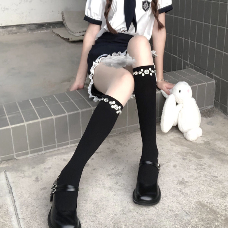 日本高端复古学院风奢华水钻中筒袜烫钻带钻小腿袜jk少女堆堆女袜