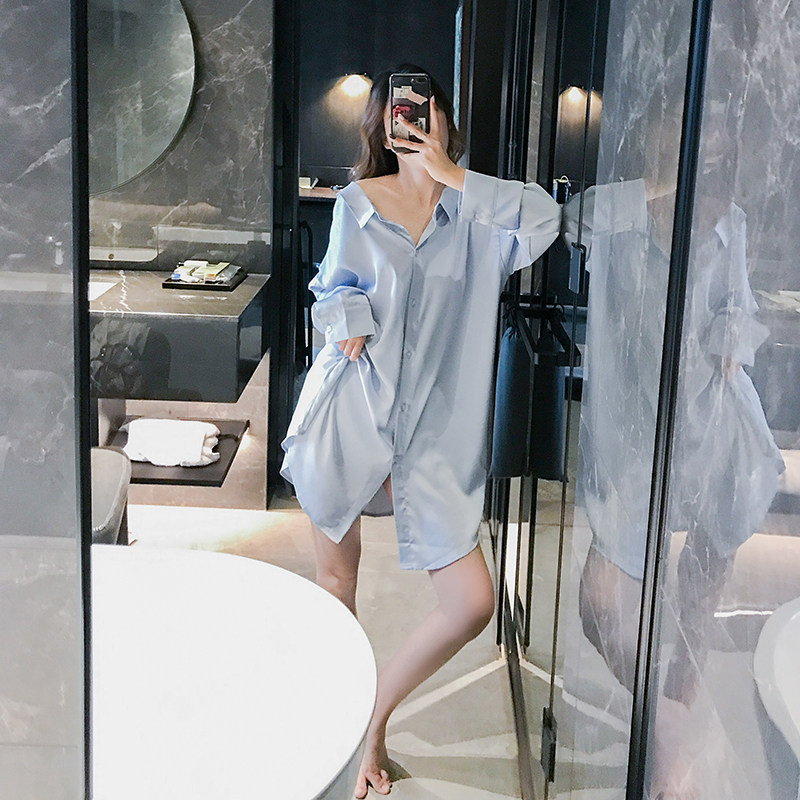 露背性感睡裙女中长款白衬衫睡衣女夏季长袖真丝衬衣家居服
