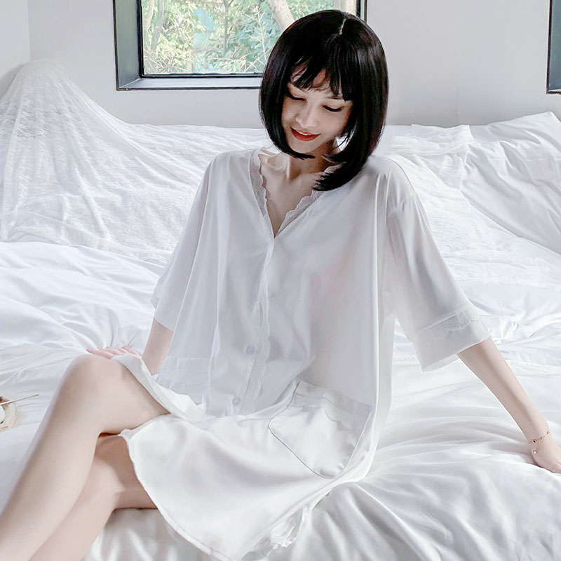 真丝睡衣女夏性感蕾丝中长款男友风宽松大码睡裙蚕丝家居服