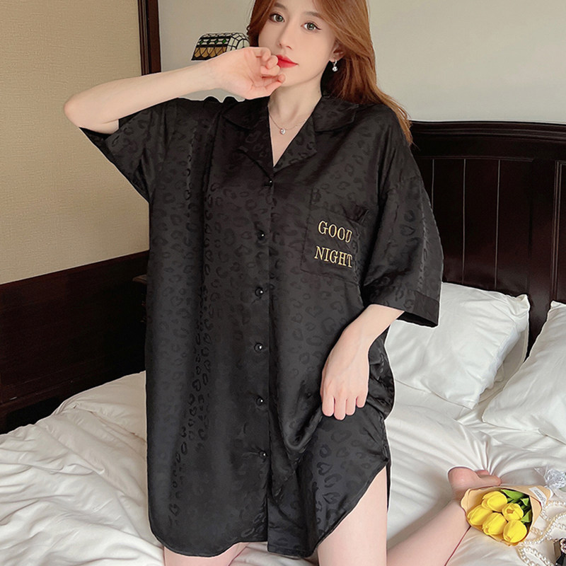 维多控2025真丝睡衣女士夏季中长款豹纹性感丝绸高级感衬衫睡裙薄
