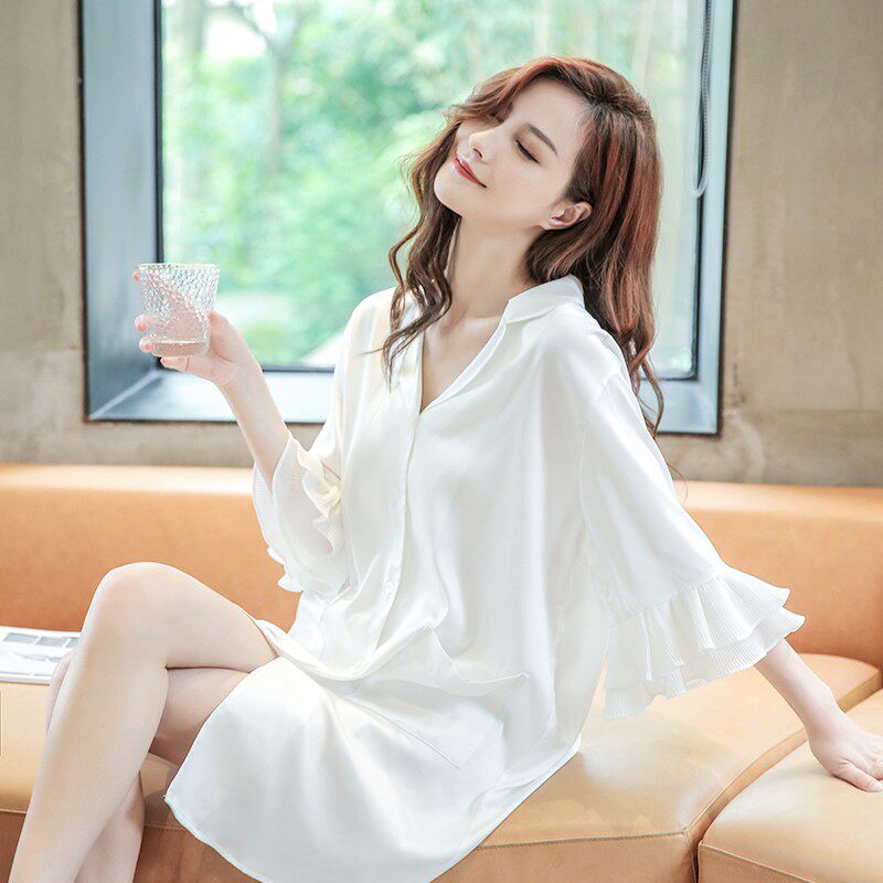 真丝性感白衬衫睡裙薄款很仙丝绸荷叶袖宽松大码睡衣女夏季