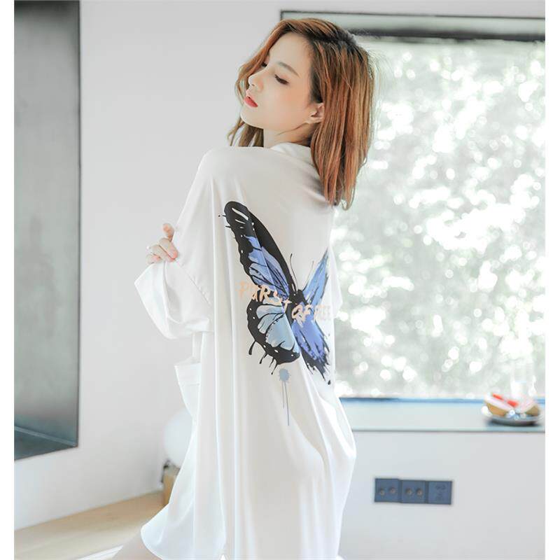维多控大码睡衣女薄款性感甜美白衬衫中长款睡裙宽松真丝绸家居服