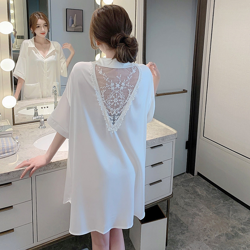 睡裙女2025年新款睡衣夏季性感真丝白色衬衫蕾丝花边家居服