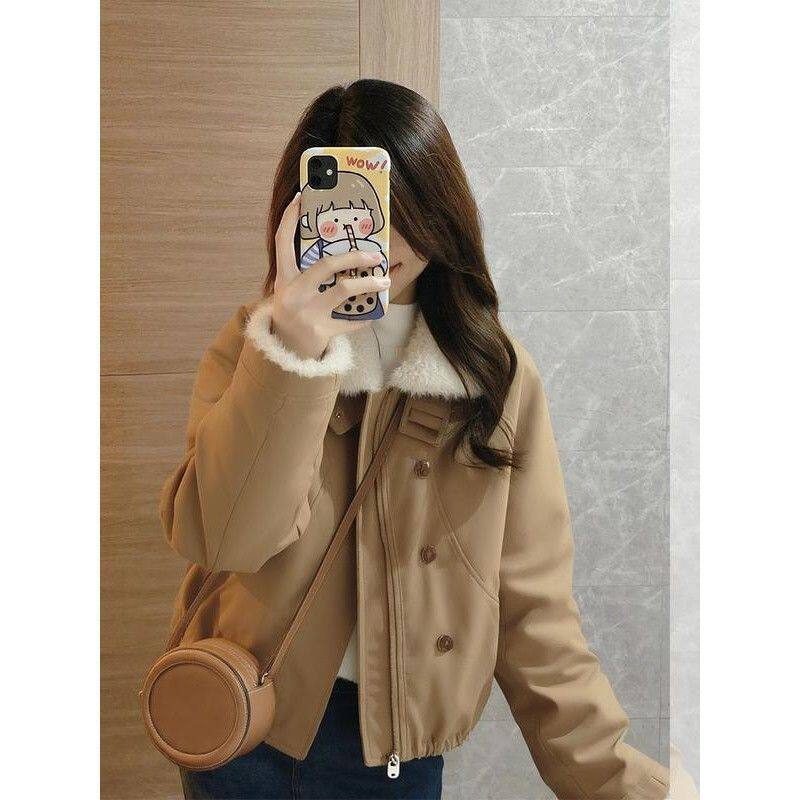 2025秋冬新款小香风休闲短款小个子加绒加厚羊羔毛夹克外套女