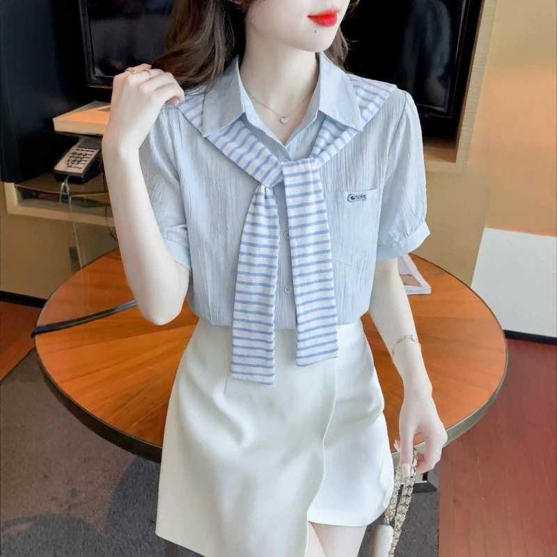 假两件披肩短袖衬衫女夏季新款衬衣减龄设计感小众百搭小个子上衣