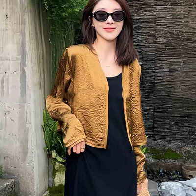 欧货设计感小众褶皱醋酸开衫外套女2025春秋宽松休闲薄款防晒上衣