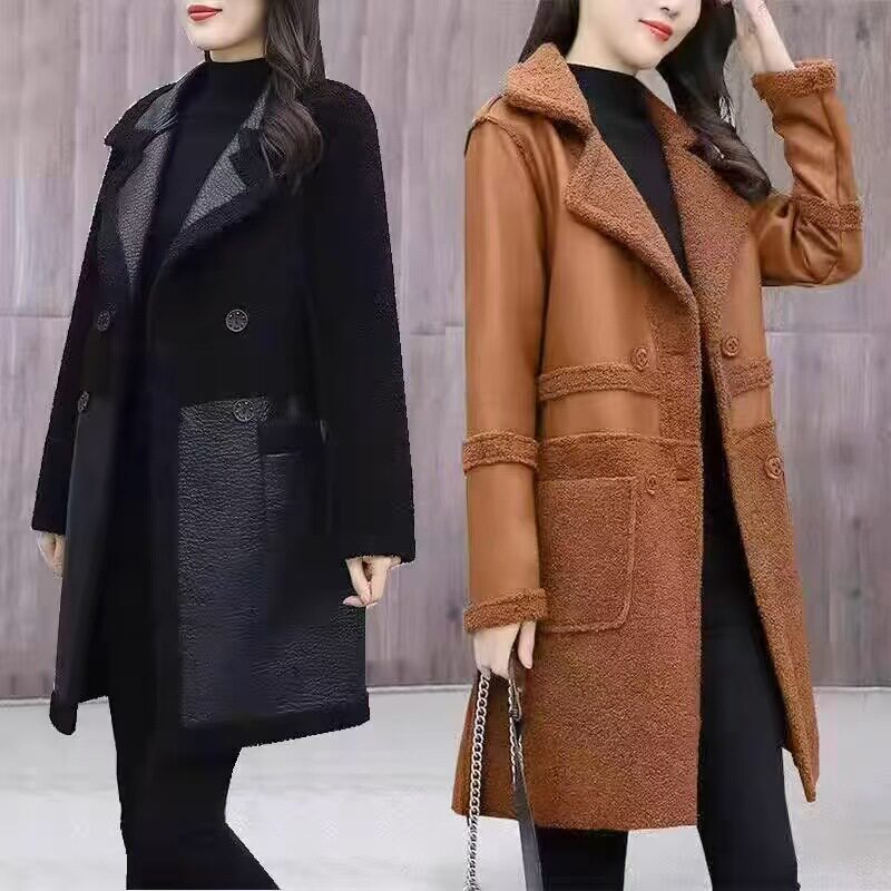 全网低价冬季中长款加绒加厚西装领两面穿宽松PU皮衣外套女装