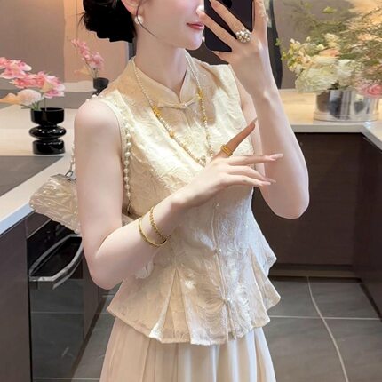 轻奢新中式国无袖衬衫女夏季2026新款高级感气质收腰显瘦小衫上衣