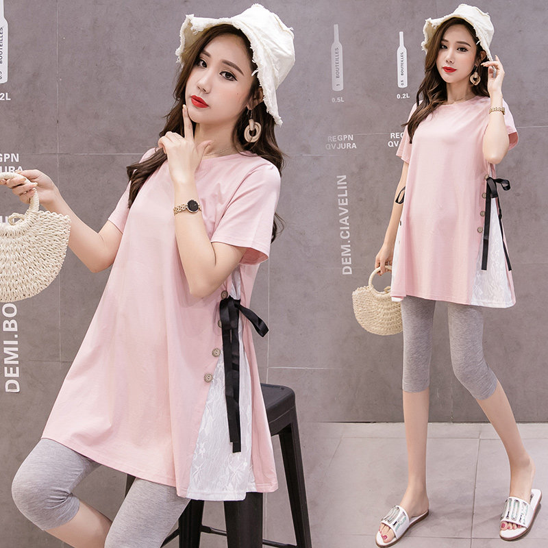 孕妇夏装上衣韩版新款短袖纯棉拼接蕾丝孕妇t恤两件套装夏天裙子|ruв категории Всё для беременных и кормящих, материнство, футболка - от Buy2taobao.com для оказания профессиональной услуги покупки агента Taobao