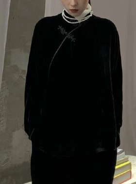 MS甲木庚金黑色丝绒琵琶斜襟盘扣立领中式日常知性上衣小褂女