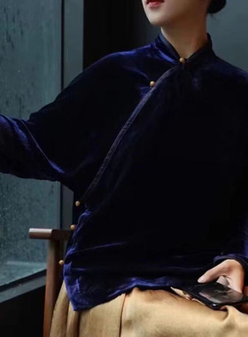 MS甲木庚金现代中式民国风真丝丝绒斜襟立领知识分子上衣小褂常服